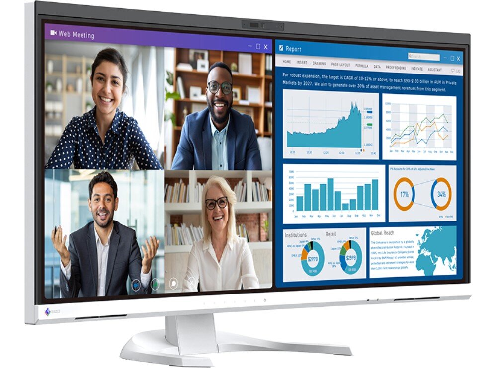 Monitor EIZO FlexScan EV3450XC-WT Grupa czterech osób uczestniczących w wideokonferencji na monitorze, obok wyświetlane są wykresy i dane na temat raportu finansowego, opis