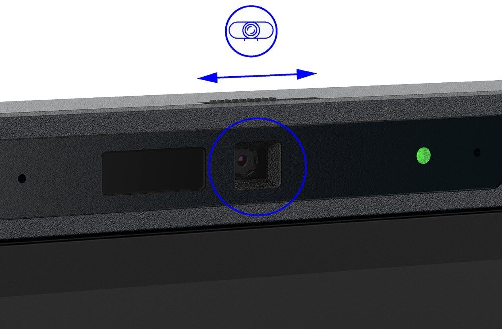 Monitor EIZO FlexScan EV3450XC-WT Zbliżenie na kamerę wbudowaną w monitor z widoczną zasłoną prywatności oraz diodą stanu pracy, kamera, jakość, rozpoznawanie twarzy