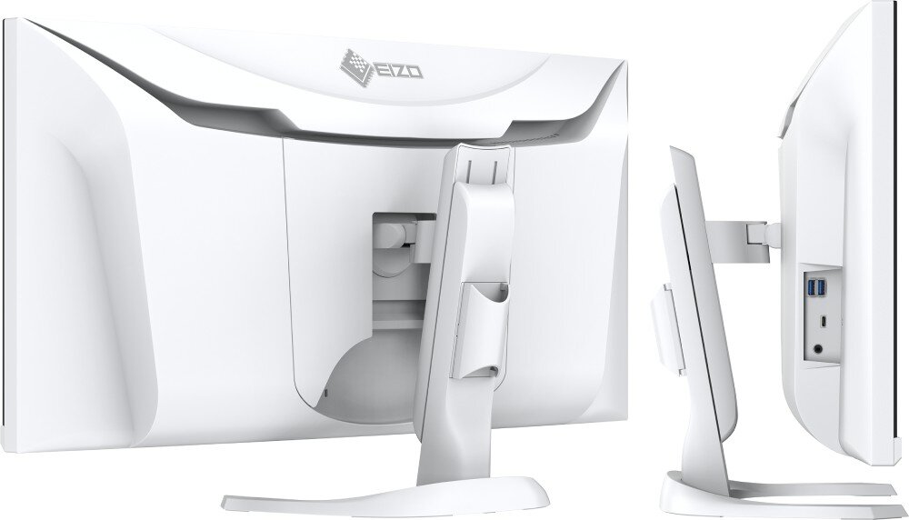 Monitor EIZO FlexScan EV3450XC-WT Tył i bok monitora z widocznym systemem zarządzania kablami oraz złączami USB na bocznej krawędzi, regulacja, ergonomia