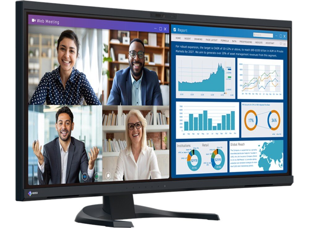 Monitor EIZO FlexScan EV3450XC-BK Grupa czterech osób uczestniczących w wideokonferencji na monitorze, obok wyświetlane są wykresy i dane na temat raportu finansowego, opis