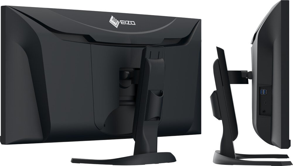 Monitor EIZO FlexScan EV3450XC-BK Tył i bok monitora z widocznym systemem zarządzania kablami oraz złączami USB na bocznej krawędzi, regulacja, ergonomia