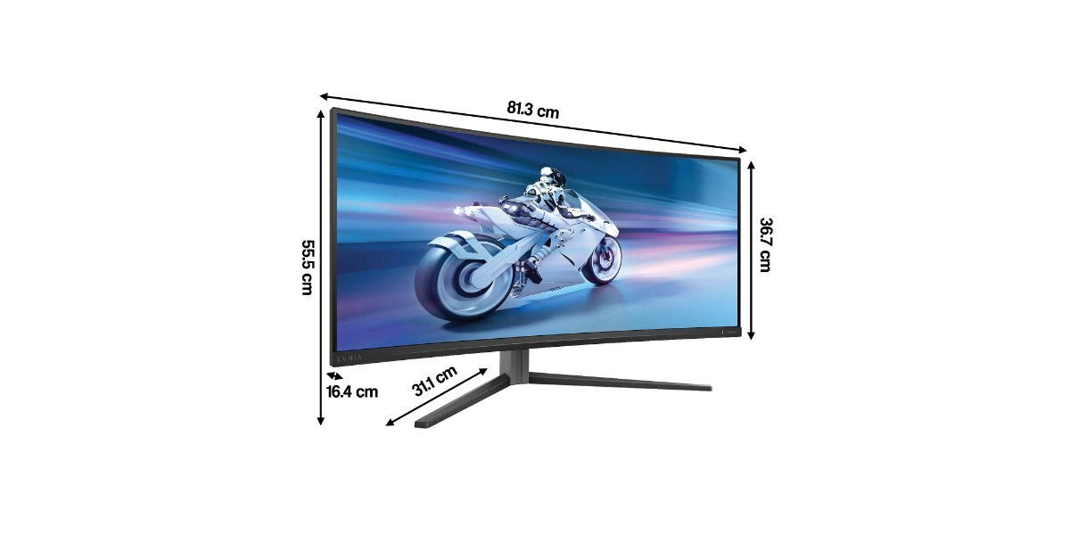 Monitor PHILIPS Evnia 34M2C6500/00 na białym tle - wymiary monitora.