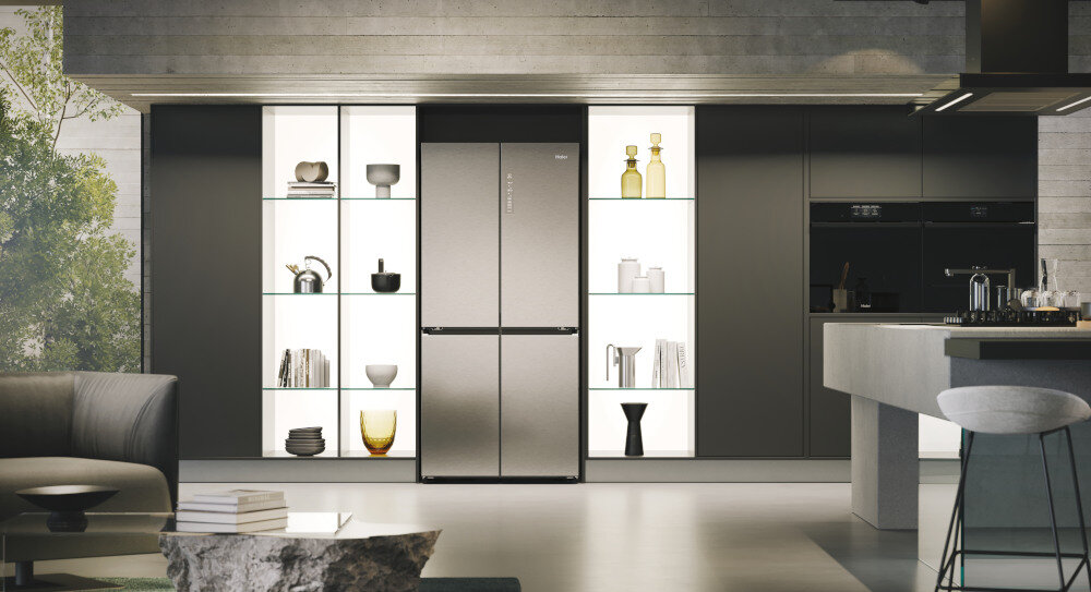 LODÓWKA HAIER HCR7818DNMM Czterodrzwiowa szerokość 83,3 cm panel sterowania dotykowy Air Surround system Technologia no Frost bez szronu lodu