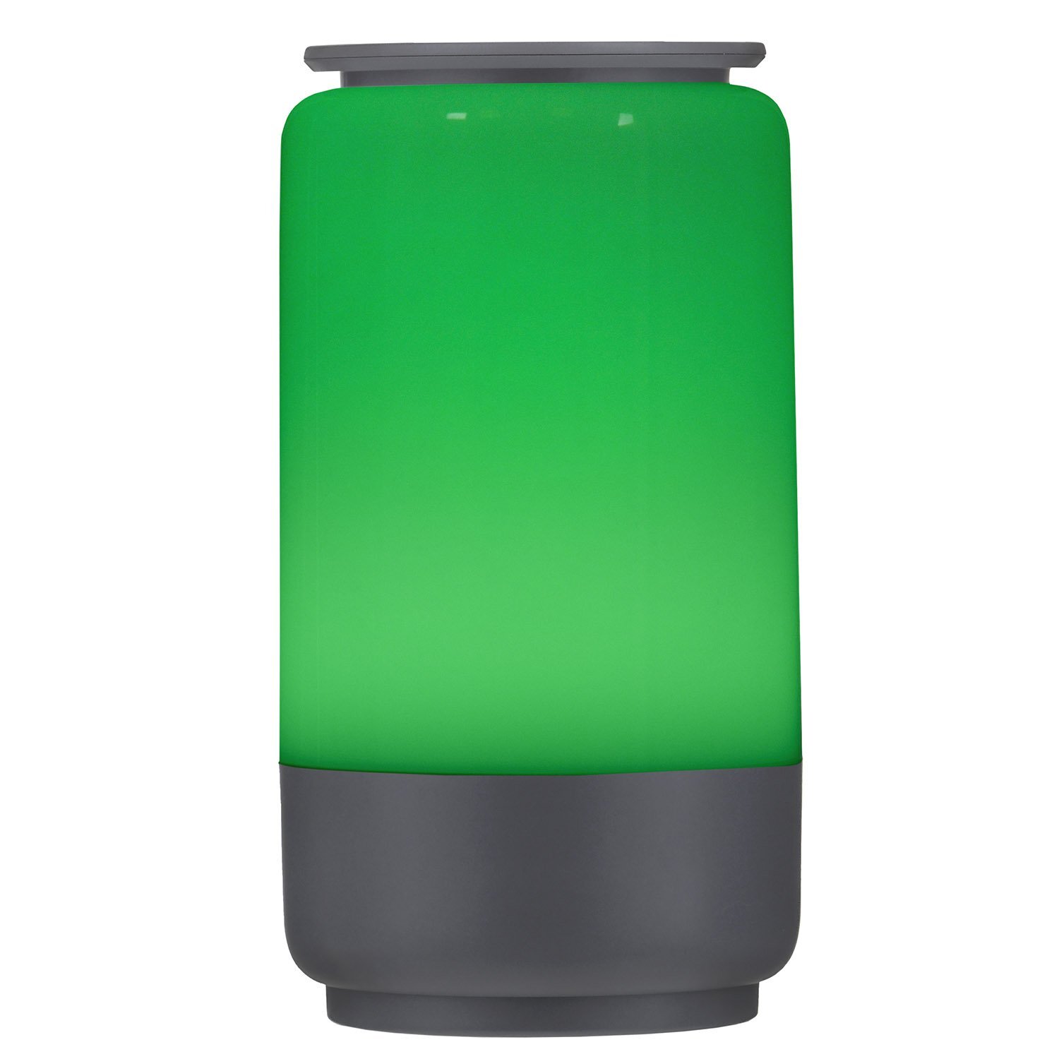 Lampa stołowa o cylindrycznym kształcie z zielonym, świecącym kloszem i ciemną podstawą.