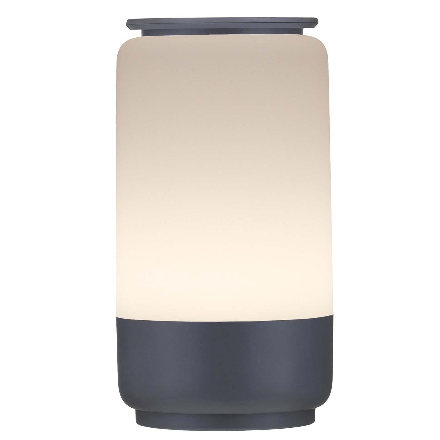 Lampa stołowa o cylindrycznym kształcie z jasnym, mlecznym kloszem i ciemną podstawą.