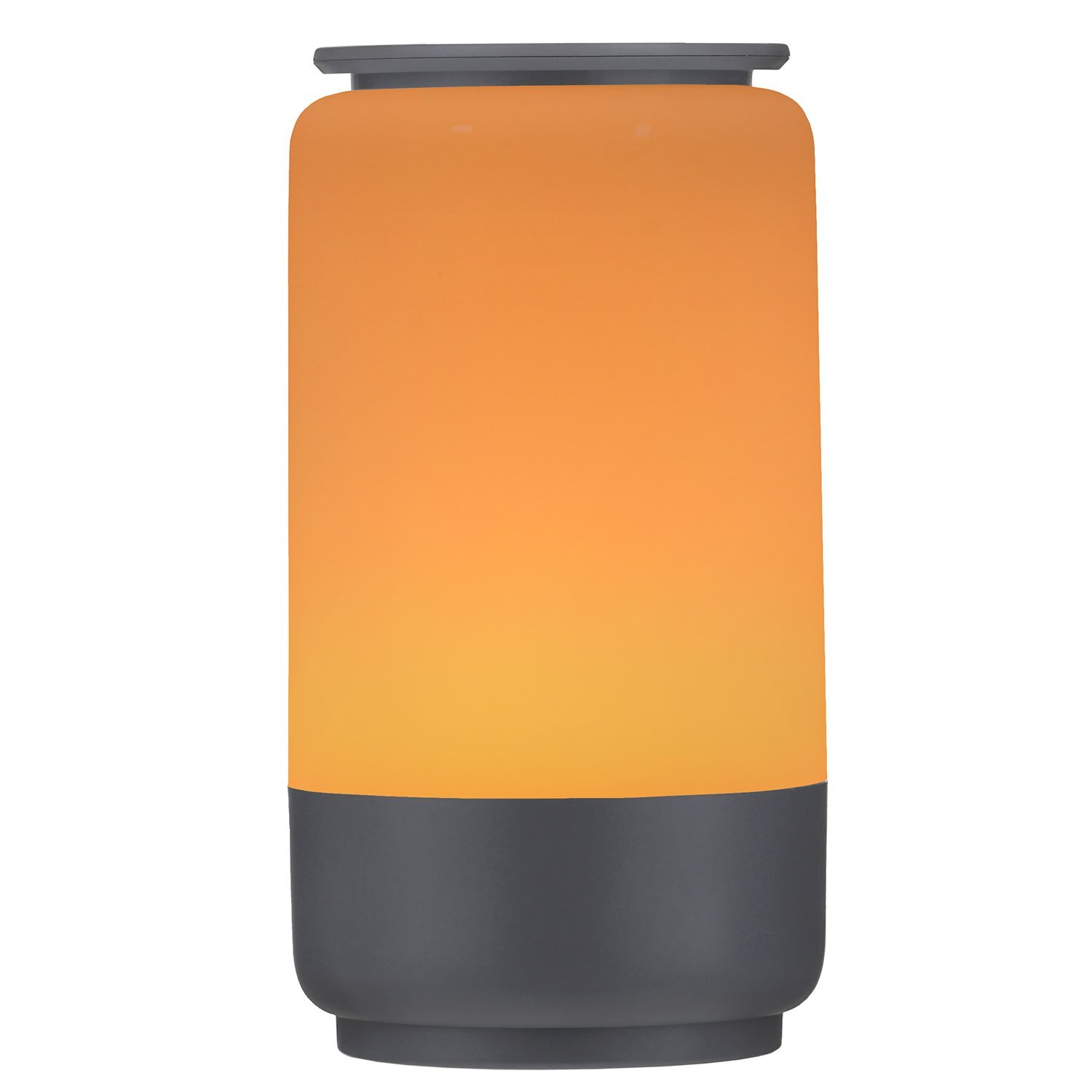 Na obrazie widoczna jest lampa stołowa o cylindrycznym kształcie z pomarańczowym kloszem i ciemną podstawą.