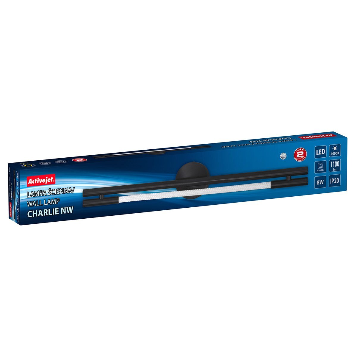 Opakowanie kinkietu ściennego LED marki Activejet z napisem \'Lampa ścienna WALL LAMP CHARLIE NW\'. Widoczne są informacje: LED 4000K, 1100 lm, 8W, IP20 oraz logo Activejet.