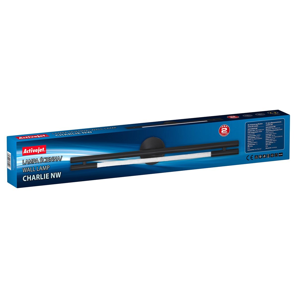 Opakowanie kinkietu ściennego LED marki Activejet z napisem \'Lampa ścienna Wall Lamp CHARLIE NW\'. Widoczne jest logo Activejet oraz informacje o produkcie na niebieskim tle.