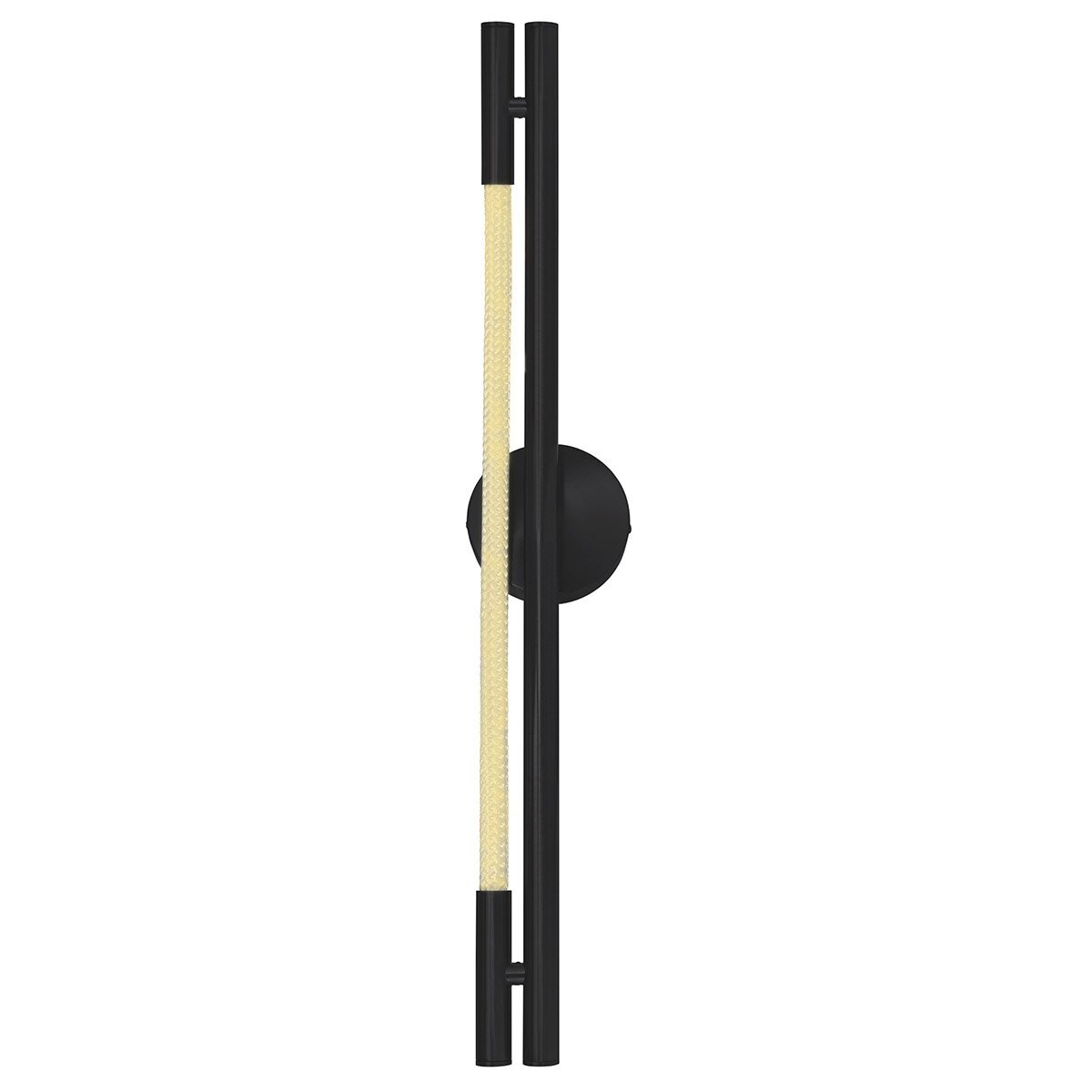 Na obrazie widoczny jest nowoczesny kinkiet LED o prostym, pionowym kształcie z czarnymi elementami i jasnym źródłem światła pośrodku. Kinkiet ma minimalistyczny design i jest przymocowany do okrągłej podstawy.