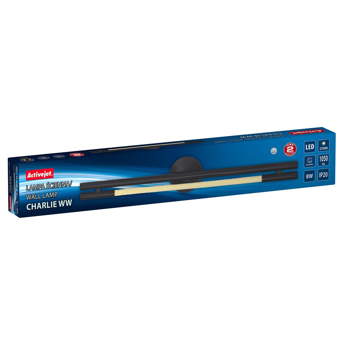 Opakowanie kinkietu LED 8W Activejet AJE-CHARLIE WW z widocznym logo Activejet. Na opakowaniu znajdują się informacje: \'Lampa ścienna\', \'Wall lamp\', \'Charlie WW\', \'LED\', \'2700K\', \'1050 lm\', \'8W\', \'IP20\'.