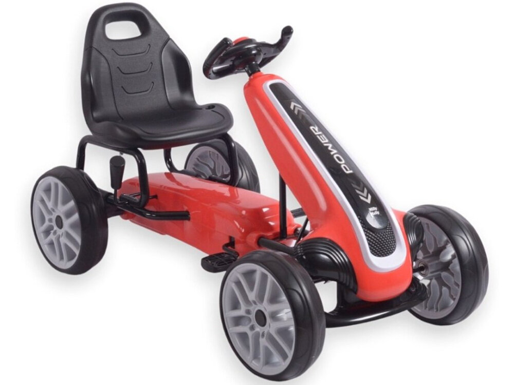 Gokart na pedały MILLY MALLY Power Czerwony gokart na białym tle widoczny od przodu pod skosem zabaw nauka rozwój aktywność