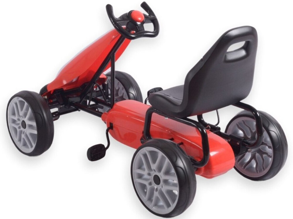Gokart na pedały MILLY MALLY Power Czerwony gokart na białym tle widoczny od tyłu pod skosem stabilna rama wykonana z lekkiego metalu wysokiej jakości tworzyw sztucznych trwałość bezpieczeństwo użytkowania całkowicie zabudowany łańcuch ochrona przed przypadkowym kontaktem z mechanizmem napędowym bezpieczeństwo podczas jazdy spełnia europejskie normy bezpieczeństwa