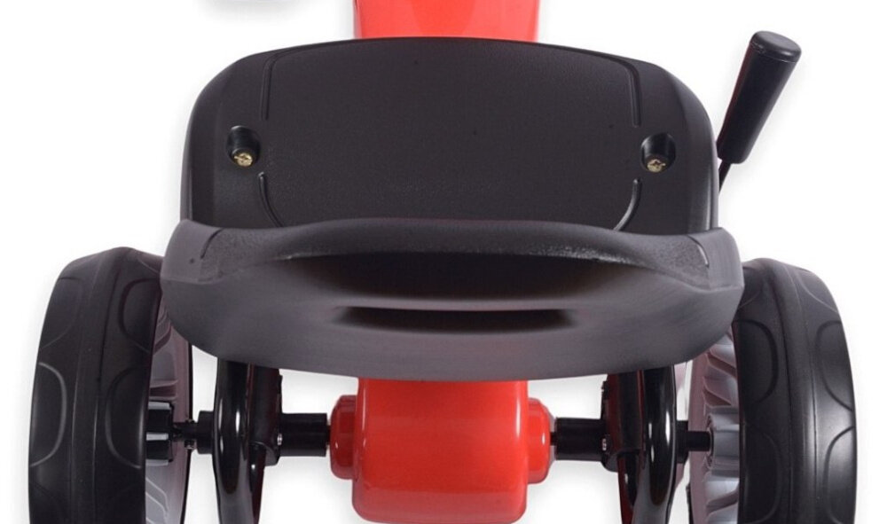 Gokart na pedały MILLY MALLY Power Czerwony zbliżenie na fotel widok z góry wyprofilowany fotel z możliwością dwustopniowej regulacji gokart „rośnie” wraz z użytkownikiem wygodna pozycja odpowiednie podparcie pleców ergonomiczny kształt