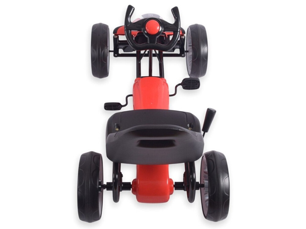 Gokart na pedały MILLY MALLY Power Czerwony gokart na białym tle widoczny od tyłu widok lekko z góry hamulec ręczny umieszczony przy tylnych kołach szybko i bezpiecznie zatrzymać pojazd dziecko uczy się odpowiedzialności i podstaw kontroli pojazdu