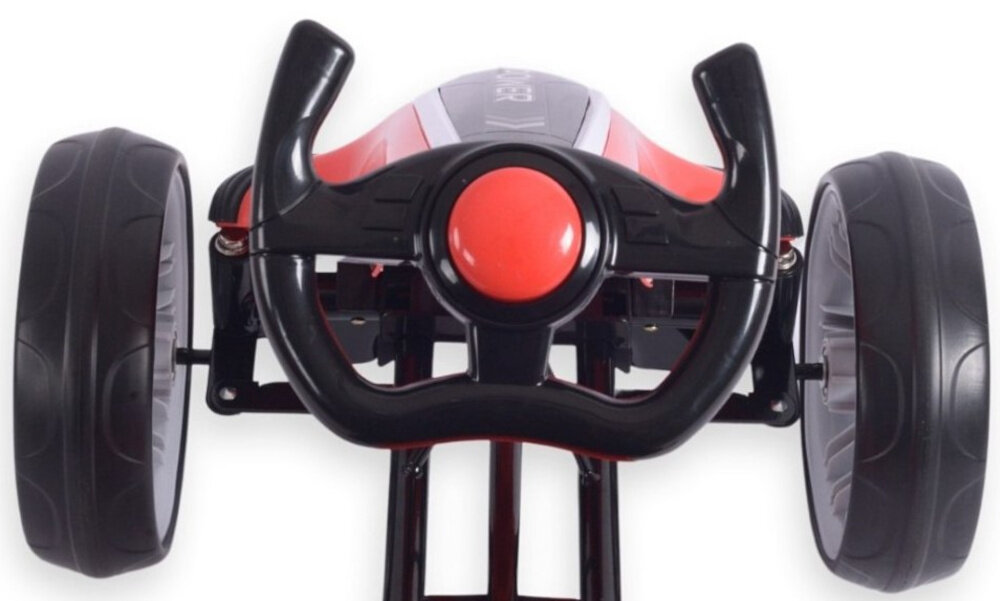 Gokart na pedały MILLY MALLY Power Czerwony zbliżenie na kierownicę widok z góry czerwony kolor dynamiczna linia nadwozia atrakcyjny sportowy charakter kierownica z klaksonem w formie piszczałki osłona kolumny kierowniczej z wysokiej jakości tworzywa ochrona przed zabrudzeniami i drobnymi uszkodzeniami