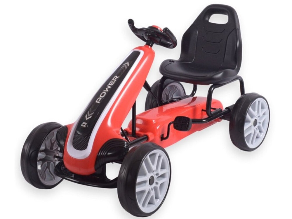 Gokart na pedały MILLY MALLY Power Czerwony gokart na białym tle widoczny od przodu pod skosem uchwyt umieszczony w oparciu pozwala dorosłym wygodnie przenosić gokart waga około 8,8 kg niewielkie wymiary 520 x 615 x 1000 mm