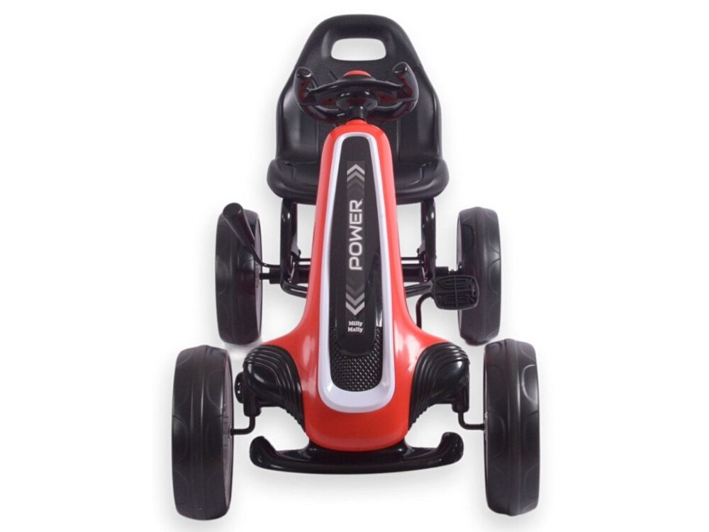 Gokart na pedały MILLY MALLY Power Czerwony gokart na białym tle widoczny od przodu forma nauki rozwój koncentracji refleksu i koordynacji ruchowej nauka zasad panowania nad pojazdem wspiera rozwój motoryczny buduje pewność siebie solidna konstrukcja wysokiej jakości materiały maksymalne obciążenie do 30 kg