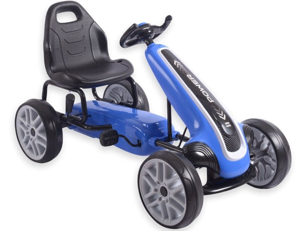 Gokart na pedały MILLY MALLY Power Niebieski gokart na białym tle widoczny od przodu pod skosem zabaw nauka rozwój aktywność