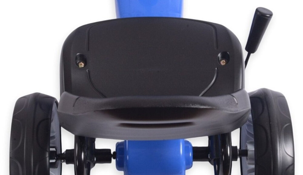 Gokart na pedały MILLY MALLY Power Niebieski zbliżenie na fotel widok z góry wyprofilowany fotel z możliwością dwustopniowej regulacji gokart „rośnie” wraz z użytkownikiem wygodna pozycja odpowiednie podparcie pleców ergonomiczny kształt