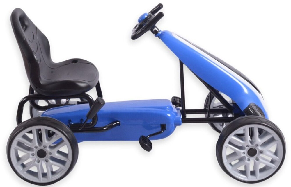 Gokart na pedały MILLY MALLY Power Niebieski gokart na białym tle widoczny z boku duże piankowe koła EVA z łożyskami cicha i stabilna jazda funkcja tzw. „wolnego koła” komfort użytkowania chroni napęd przed zużyciem