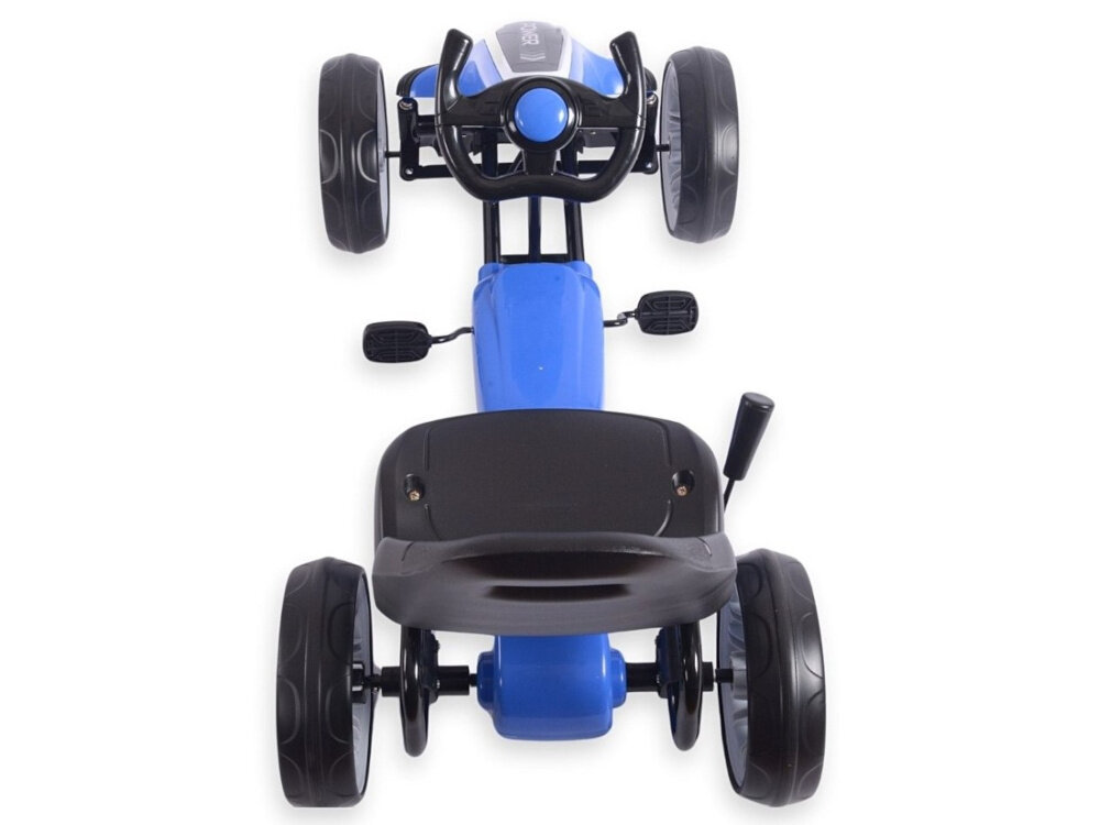 Gokart na pedały MILLY MALLY Power Niebieski gokart na białym tle widoczny od tyłu widok lekko z góry hamulec ręczny umieszczony przy tylnych kołach szybko i bezpiecznie zatrzymać pojazd dziecko uczy się odpowiedzialności i podstaw kontroli pojazdu