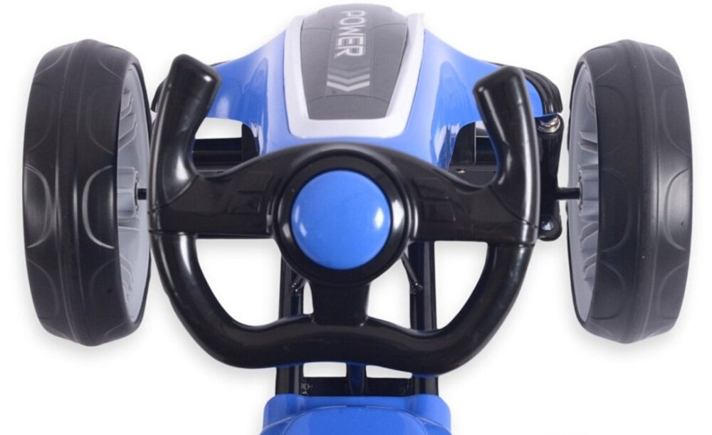 Gokart na pedały MILLY MALLY Power Niebieski zbliżenie na kierownicę widok z góry niebieski kolor dynamiczna linia nadwozia atrakcyjny sportowy charakter kierownica z klaksonem w formie piszczałki osłona kolumny kierowniczej z wysokiej jakości tworzywa ochrona przed zabrudzeniami i drobnymi uszkodzeniami