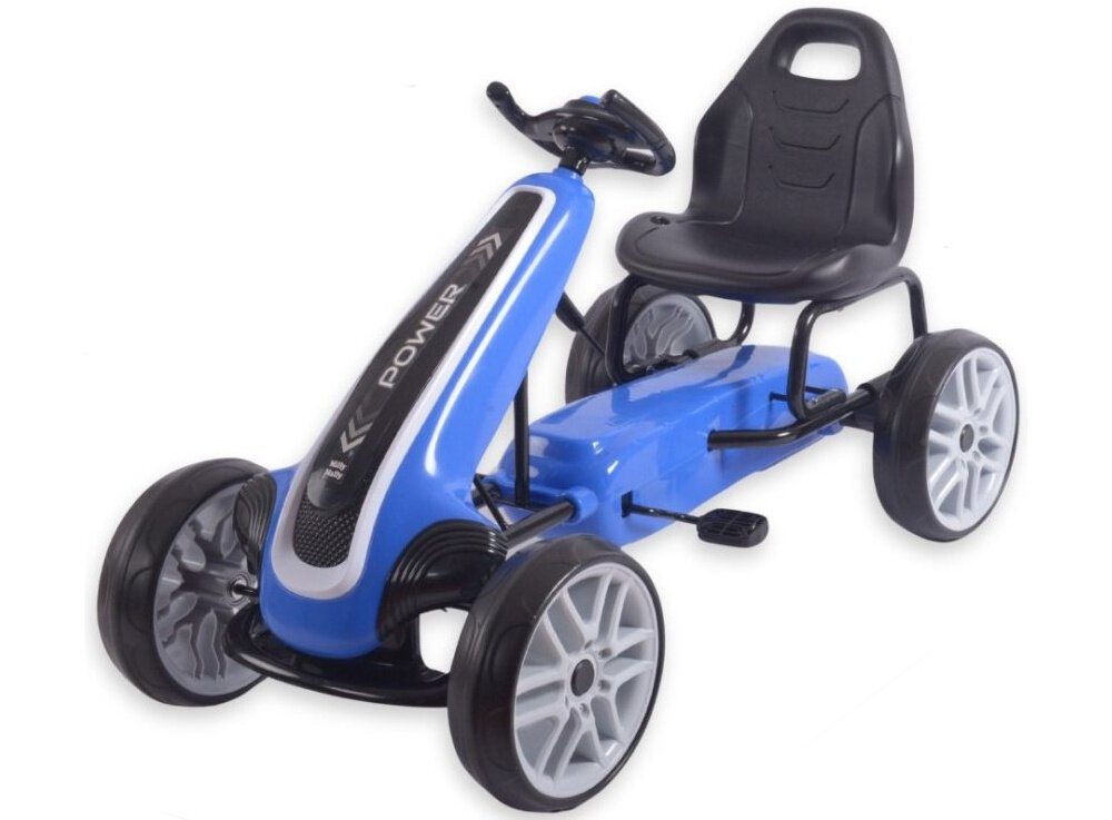 Gokart na pedały MILLY MALLY Power Niebieski gokart na białym tle widoczny od przodu pod skosem uchwyt umieszczony w oparciu pozwala dorosłym wygodnie przenosić gokart waga około 8,8 kg niewielkie wymiary 520 x 615 x 1000 mm