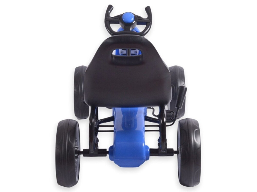 Gokart na pedały MILLY MALLY Power Niebieski gokart na białym tle widoczny od tyłu forma nauki rozwój koncentracji refleksu i koordynacji ruchowej nauka zasad panowania nad pojazdem wspiera rozwój motoryczny buduje pewność siebie solidna konstrukcja wysokiej jakości materiały maksymalne obciążenie do 30 kg