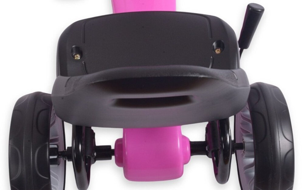 Gokart na pedały MILLY MALLY Power Różowy zbliżenie na fotel widok z góry wyprofilowany fotel z możliwością dwustopniowej regulacji gokart „rośnie” wraz z użytkownikiem wygodna pozycja odpowiednie podparcie pleców ergonomiczny kształt