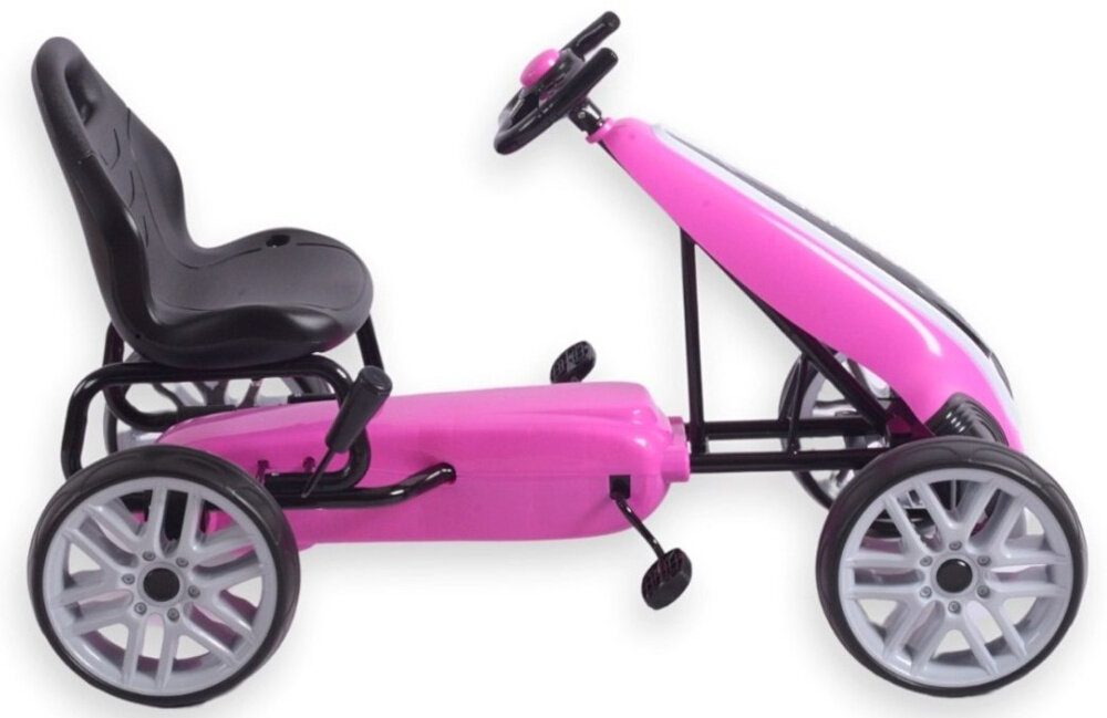 Gokart na pedały MILLY MALLY Power Różowy gokart na białym tle widoczny z boku duże piankowe koła EVA z łożyskami cicha i stabilna jazda funkcja tzw. „wolnego koła” komfort użytkowania chroni napęd przed zużyciem