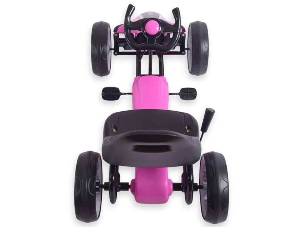 Gokart na pedały MILLY MALLY Power Różowy gokart na białym tle widoczny od tyłu widok lekko z góry hamulec ręczny umieszczony przy tylnych kołach szybko i bezpiecznie zatrzymać pojazd dziecko uczy się odpowiedzialności i podstaw kontroli pojazdu