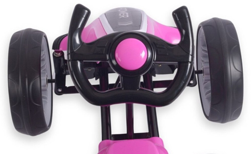 Gokart na pedały MILLY MALLY Power Różowy zbliżenie na kierownicę widok z góry różowy kolor dynamiczna linia nadwozia atrakcyjny sportowy charakter kierownica z klaksonem w formie piszczałki osłona kolumny kierowniczej z wysokiej jakości tworzywa ochrona przed zabrudzeniami i drobnymi uszkodzeniami