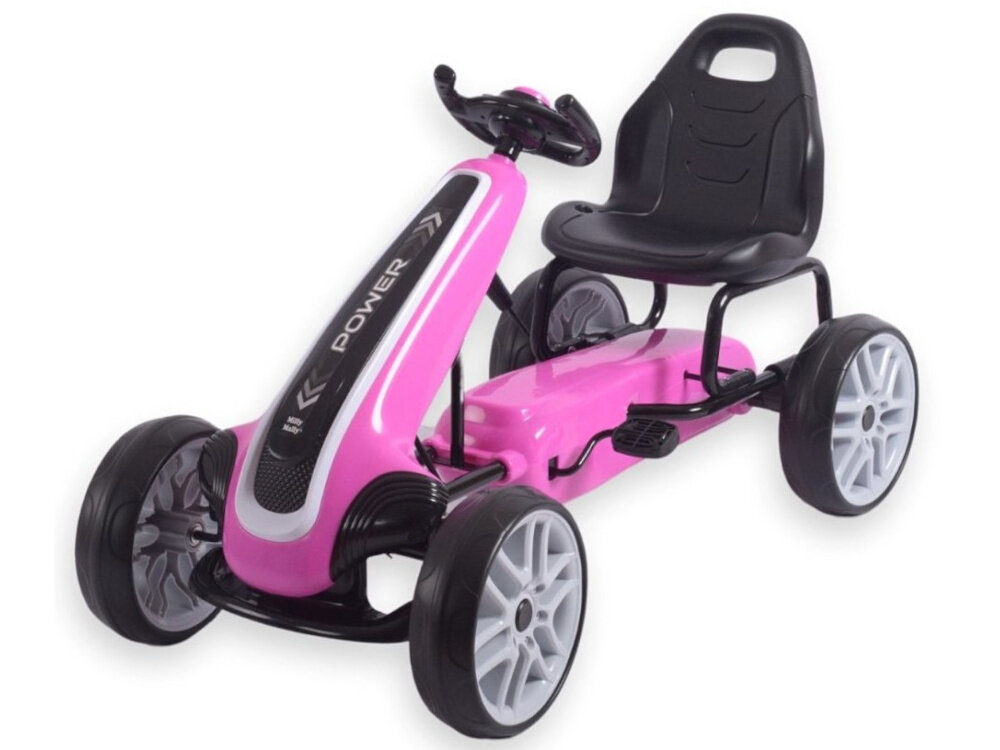 Gokart na pedały MILLY MALLY Power Różowy gokart na białym tle widoczny od przodu pod skosem uchwyt umieszczony w oparciu pozwala dorosłym wygodnie przenosić gokart waga około 8,8 kg niewielkie wymiary 520 x 615 x 1000 mm
