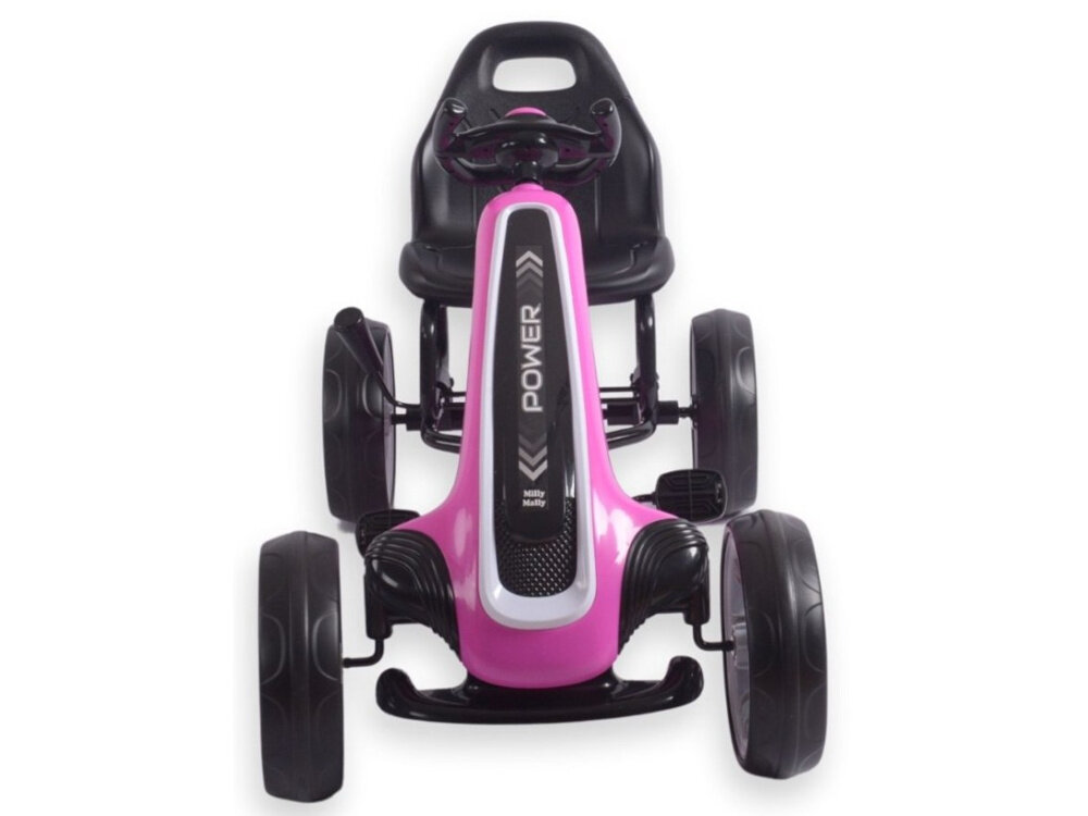Gokart na pedały MILLY MALLY Power Różowy gokart na białym tle widoczny od przodu forma nauki rozwój koncentracji refleksu i koordynacji ruchowej nauka zasad panowania nad pojazdem wspiera rozwój motoryczny buduje pewność siebie solidna konstrukcja wysokiej jakości materiały maksymalne obciążenie do 30 kg