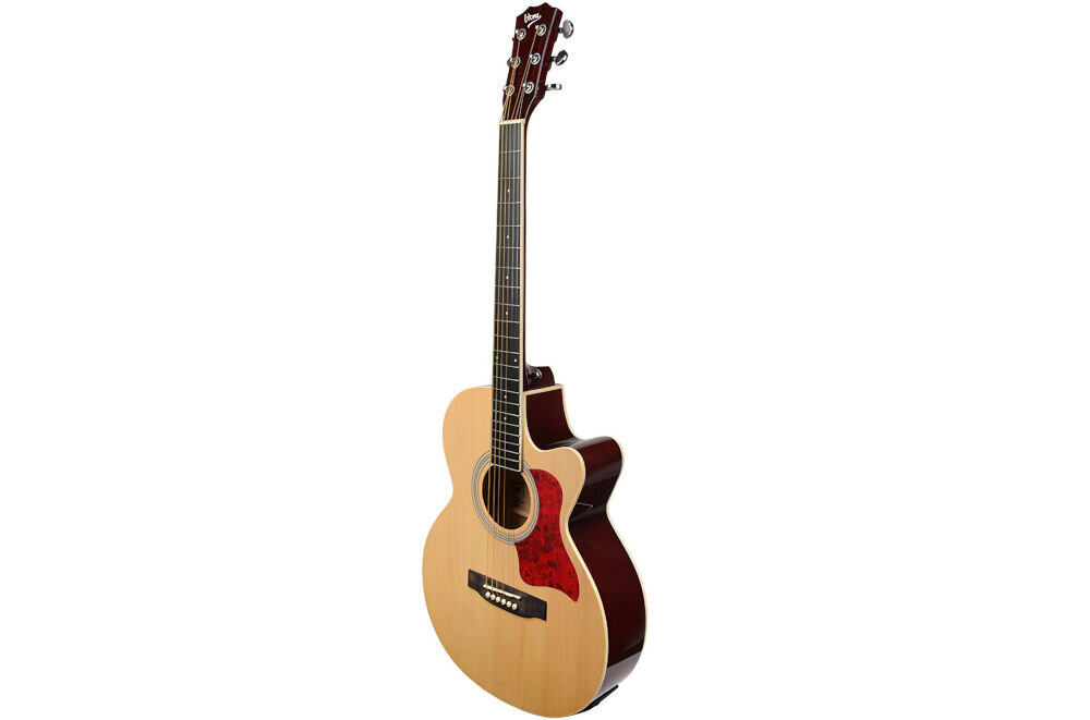 Gitara elektroakustyczna V-TONE Eag Set z elektroniką LC-5 i złączami jack 6,3 mm oraz XLR, gitara po skosie na białym tle