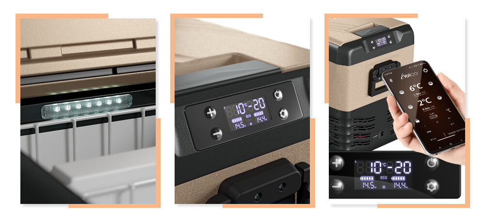 Lodówka YOLCO KX40 Sand Wewnętrzne oświetlenie Panel sterowania czytelny ekran LED nadajnik Bluetooth 5.0 aplikacja Android iOS