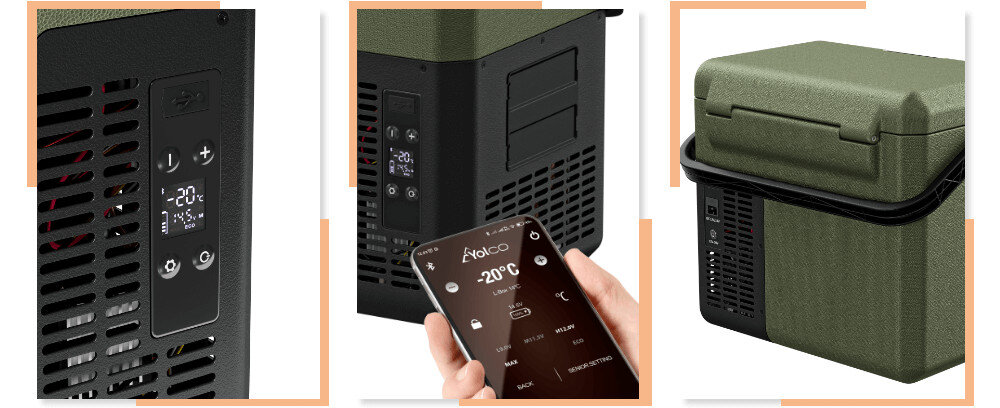 Lodówka kompresorowa YOLCO ET18 Zielony Przegroda ażurowa zarządzanie zawartość organizacja przestrzeń Panel sterowania ekran ciekłokrystalicznym nadajnik Bluetooth 5.0 aplikacja system Android iOS