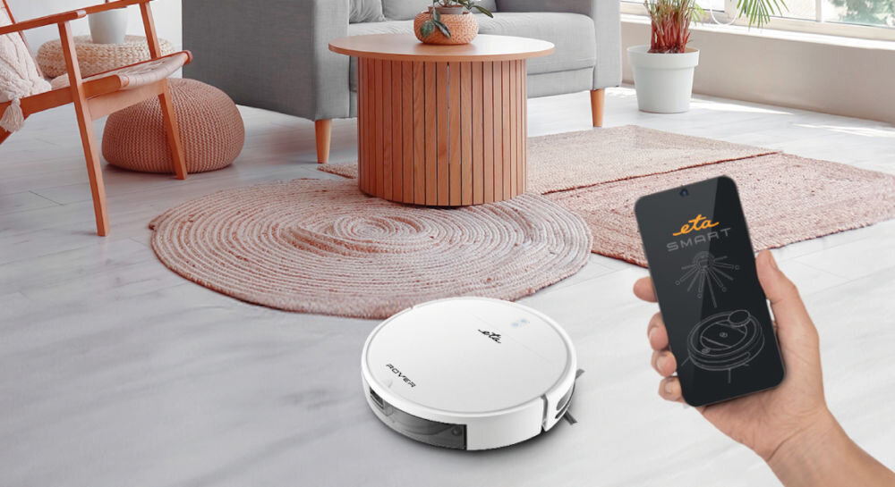 Robot sprzątający ETA Rover 124890000 30,5 x 30 x 7,7 cm funkcjonalność wygoda użytkowania efektywne sprzątanie aplikacja ETA SMART w języku polskim Apple Store Google Play za pomocą telefonu lub tabletu obsługuje sieć WiFi 2,4 GHz bezproblemowe połączenie szybkie intuicyjne zarządzanie sprzątaniem 