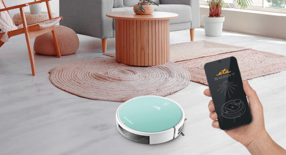 Robot sprzątający ETA Rover 124890020 30,5 x 30 x 7,7 cm funkcjonalność wygoda użytkowania efektywne sprzątanie aplikacja ETA SMART w języku polskim Apple Store Google Play za pomocą telefonu lub tabletu obsługuje sieć WiFi 2,4 GHz bezproblemowe połączenie szybkie intuicyjne zarządzanie sprzątaniem 