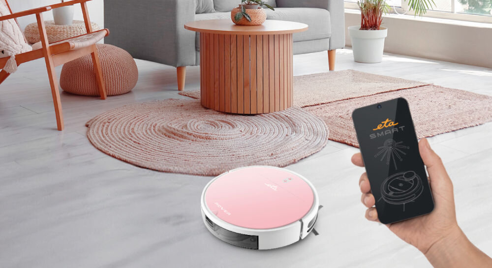 Robot sprzątający ETA Rover 124890030 30,5 x 30 x 7,7 cm funkcjonalność wygoda użytkowania efektywne sprzątanie aplikacja ETA SMART w języku polskim Apple Store Google Play za pomocą telefonu lub tabletu obsługuje sieć WiFi 2,4 GHz bezproblemowe połączenie szybkie intuicyjne zarządzanie sprzątaniem 