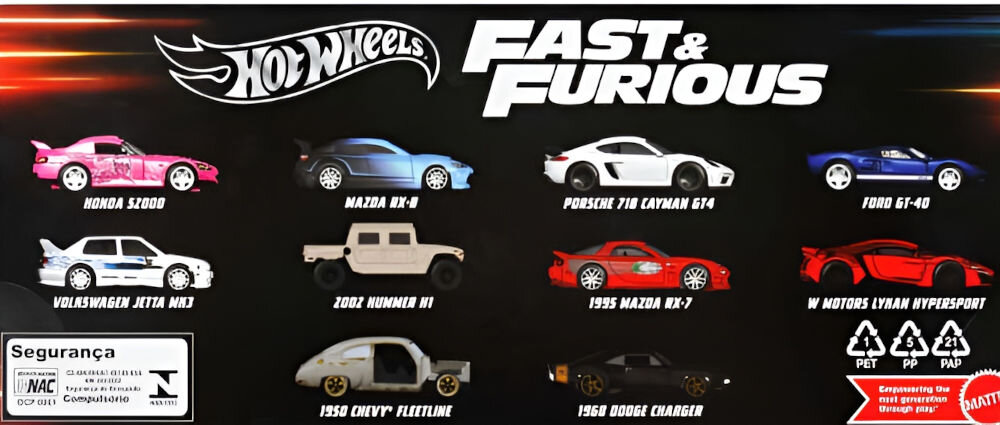Zestaw pojazdów HOT WHEELS FAST & FURIOUS szybcy i wściekli ( 10 szt ) różnorodnośc modeli klasyczne muscle cary nowoczesne supersamochody detale autentyczne detale malowane jak prawdziwy