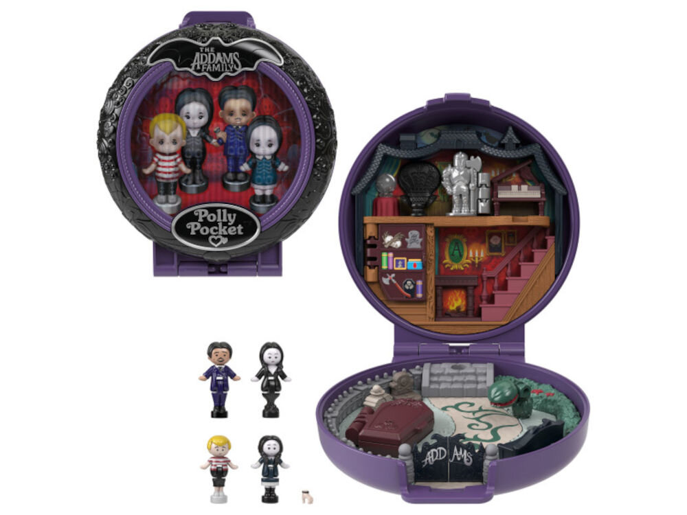Zestaw figurek POLLY POCKET Rodzina Addamsów Kolekcjonerski zestaw kompaktowy HXW25 trumna
mieszcząca lalkę i skarbiec ukryty za biblioteczką rośliny „ludojada” zestaw dla kolekcjonerów zapakowany w ozdobne pudełko premium wykonane z wysokiej jakości
materiałów i zawierające detale upamiętniające świat Rodziny Addamsów