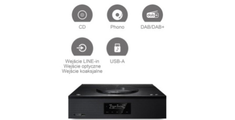 Technics ST-C100EG-K odtwarzanie CD radio gramofon USB cyfrowe wejścia, urządzenie od frontu na białym tle z logami odtwarzania muzyki oraz załączami
