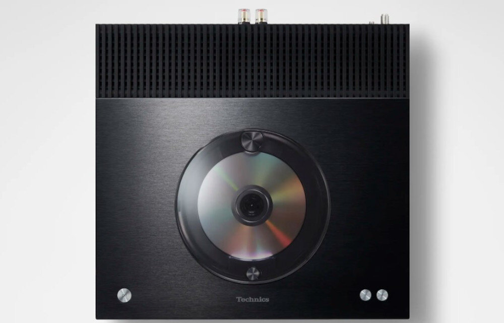Technics ST-C100EG-K design aluminiowy panel odtwarzacz CD estetyka premium, odtwarzacz od góry na szarym tle