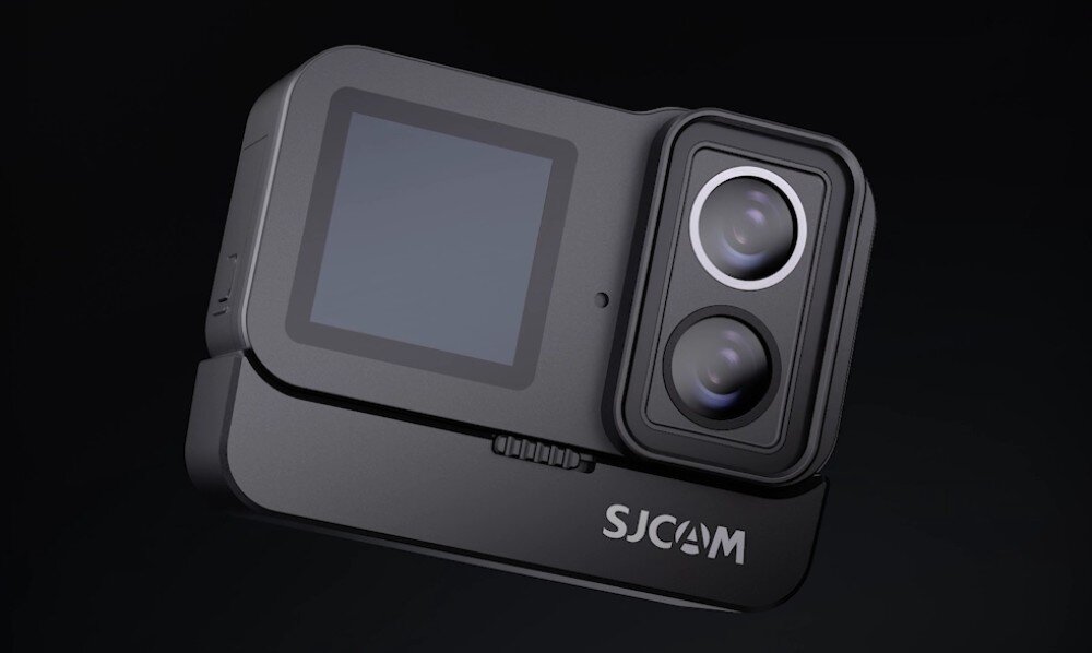 Kamera sportowa SJCAM SJ20 + Akumulatorowy uchwyt do kamery Czarna kamera sportowa z dwoma obiektywami i tylnym ekranem na ciemnym tle, bateria, czas działania, pamięć, pojemność