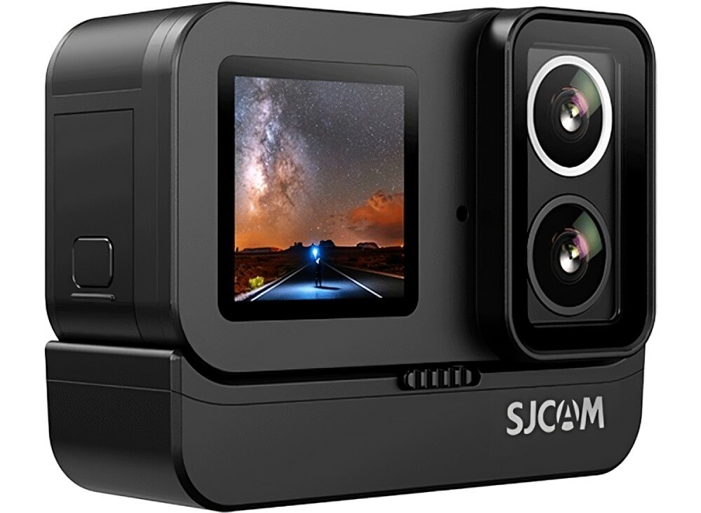 Kamera sportowa SJCAM SJ20 + Akumulatorowy uchwyt do kamery Czarna kamera sportowa z dwoma obiektywami i ekranem wyświetlającym osobę na tle nocnej drogi, port USB-C, ładowanie, mikrofon, kamera internetowa