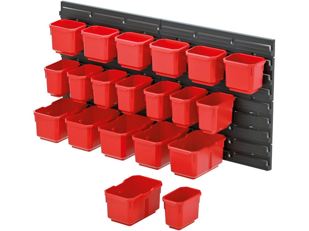 Tablica narzędziowa KISTENBERG Orderline KOR6 2 szt. tablica z pojemnikami na białym tle widoczn pod skosem praktyczne elementy do organizacji narzędzi w zestawie 14 kubeczków TITAN BOX EPH1 6 kubeczków TITAN BOX EPH2 kompatybilne z pojemnikami serii TRUCK, BINEER, EXE, X BLOCK BOX oraz TITAN BOX kompletny systemu do przechowywania