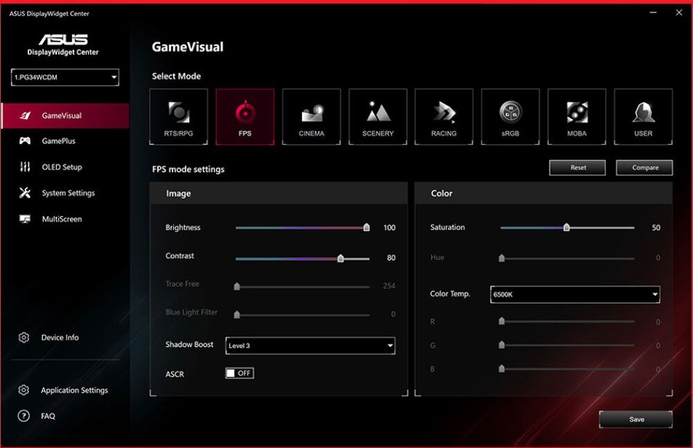 Monitor ASUS ROG Swift PG39WCDM Zrzut ekranu z oprogramowania DisplayWidget Center. Widać interfejs z różnymi trybami wyświetlania, takimi jak FPS, RTS/RPG, Cinema, Racing i inne, oprogramowanie, funkcje, narzędzia