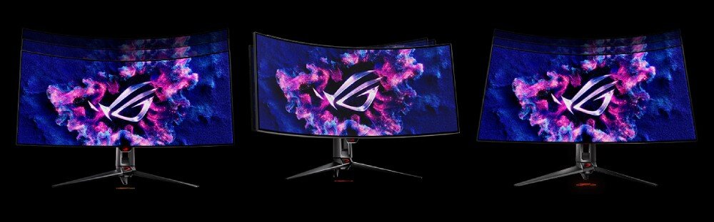 Monitor ASUS ROG Swift PG39WCDM Trzy ujęcia monitora przedstawiające możliwości regulacji. Pierwszy obraz pokazuje regulację wysokości, drugi obrót ekranu na boki, a trzeci pochylenie, podstawa, regulacja, wysokość, pochylenie, obrót