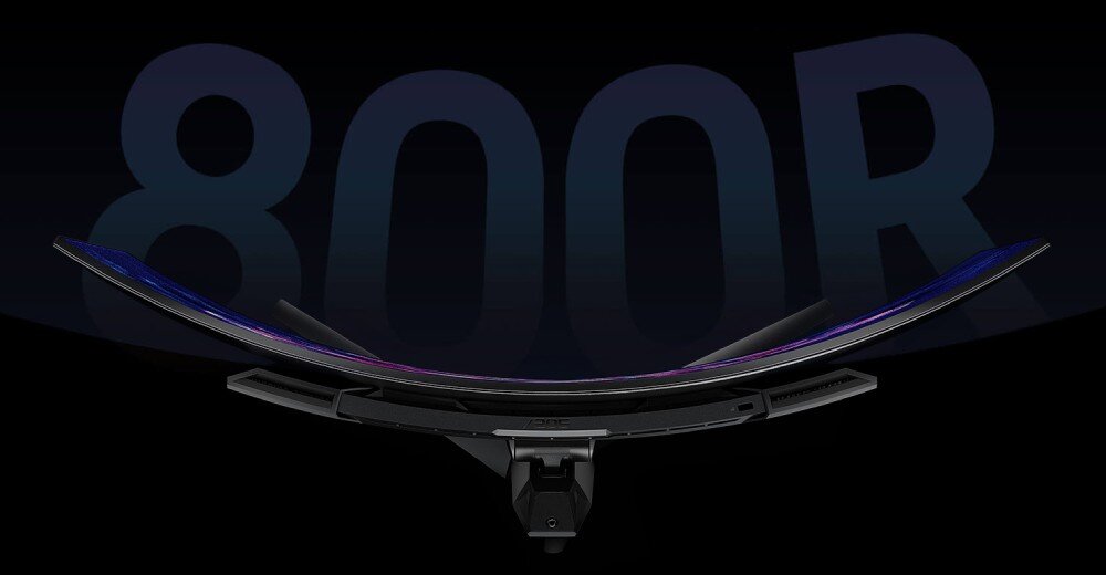 Monitor ASUS ROG Swift PG39WCDM Widok z góry na zakrzywiony monitor o promieniu 800R. Na czarnym tle widnieje duży napis '800R', podkreślający stopień zakrzywienia ekranu, przekątna, ekran, zakrzywienie, rozdzielczość